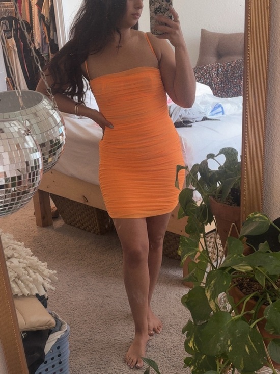 HOUSE of CB Tangerine Ruched Organza Mesh Mini Dress Sz. M - Picture 14 of 15